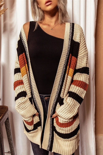 Striped Open Front Longline Cardigan Khaki