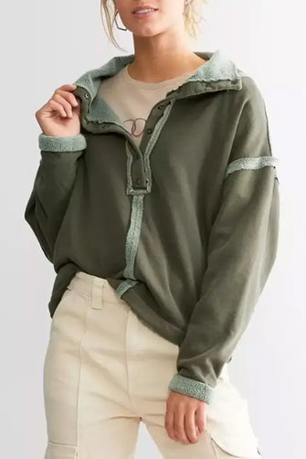 Exposed Seam Half Snap Long Sleeve Sweatshirt Moss Woman Sweatshirts