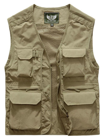 Men's Plus Size Zip Up V-Neck Vest Khaki Mens Tops