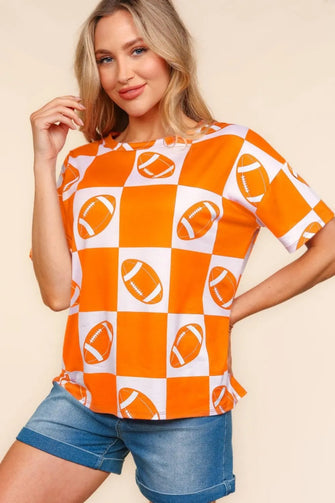 Haptics Football Checkered Print Short Sleeve T-Shirt Orange