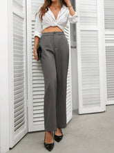 High waist wide leg pants in gray with a sleek straight-leg cut and subtle creases for a polished look