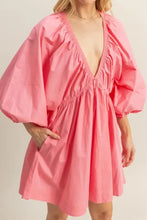 HYFVE Plunge Balloon Sleeve Poplin Mini Dress with Pockets Casual Dresses