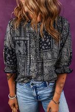Printed Buttoned Flounce Sleeve Blouse Dark Navy Woman Blouses