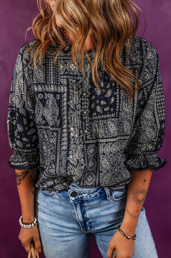Printed Buttoned Flounce Sleeve Blouse Dark Navy Woman Blouses