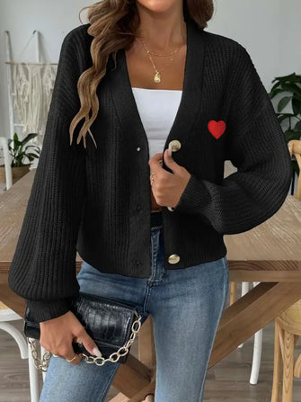 Heart Button Down V-Neck Long Sleeve Cardigan Black Woman Outerwear