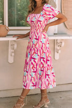 Geometric Print Puff Sleeve Square Neck Midi Dress Casual Dresses