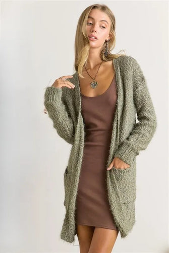 ADORA Comfy Fuzzy Sweater Cardigan NEW OLIVE