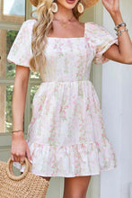 Floral Puff Sleeve Square Neck Knotted Open Back Ruffled Mini Dress Blush Pink