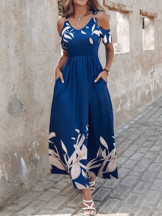 Printed Cold Shoulder Dress Peacock Blue Casual Dresses