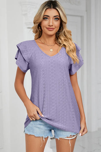 Eyelet V-Neck Short Sleeve T-Shirt Lavender