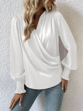Surplice Smocked Lantern Sleeve Blouse White Woman Blouses