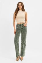 High-waisted faded green wide-leg denim jeans with subtle distressing and classic five-pocket design, not corduroy pants