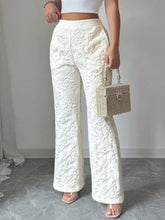 White lace-patterned textured high waist wide leg trousers for elegant and stylish wear