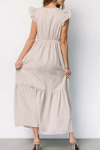 Slit Striped V-Neck Ruffled Cap Sleeve Dress Casual Dresses