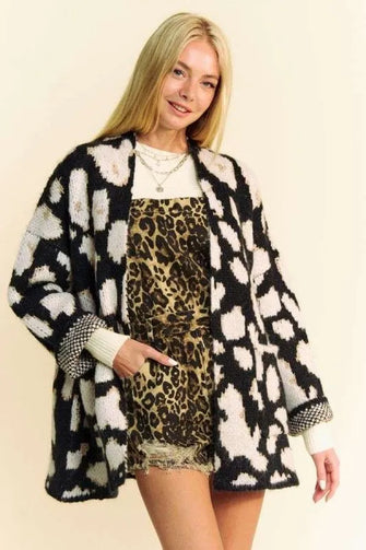 Davi & Dani Leopard Open Front Long Sleeve Cardigan Black