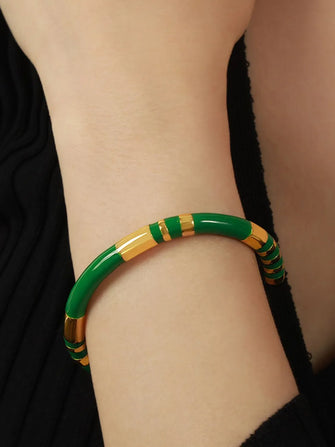Enamel Titanium Steel Cuff Bracelet Dark Green One Size
