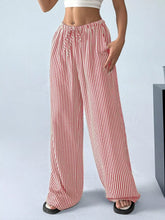 Full size red and white vertically striped wide leg pants with drawstring waist for plus size wear