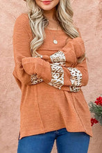 Waffle-Knit Leopard Long Sleeve Slit Blouse Sherbet
