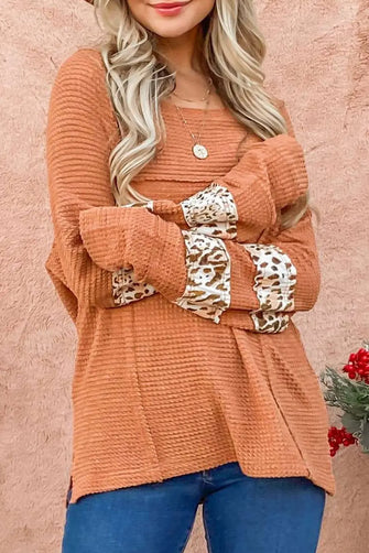 Waffle-Knit Leopard Long Sleeve Slit Blouse Sherbet