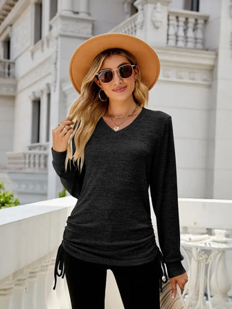 Drawstring V-Neck Long Sleeve T-Shirt Black Woman T Shirts