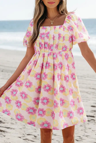 Floral Square Neck Puff Sleeve Pleated Flared Midi Dress Dusty Pink Woman Casual Dress