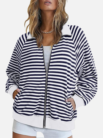 Striped Zip Up Long Sleeve Sweatshirt White