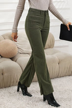 Olive green high waist square pockets corduroy pants with flare design in soft corduroy fabric