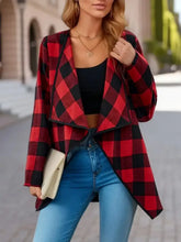 Plaid Open Front Long Sleeve Jacket Burgundy Woman Outerwear
