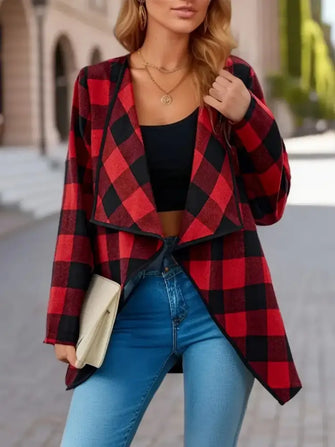 Plaid Open Front Long Sleeve Jacket Burgundy Woman Outerwear