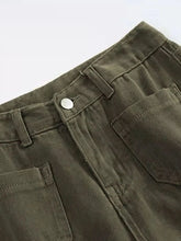 Olive green denim wide leg pants with silver button and classic front pockets plus size design