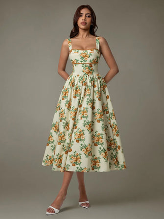 Lace Trim Floral Sleeveless Midi Dress Pastel Yellow