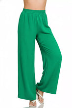 Emerald green wide-leg pants with soft textured fabric and elastic waistband from zenana woven airflow collection