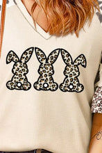 Cream long-sleeved Easter leopard flounce sleeve waffle knit top with bunny graphic