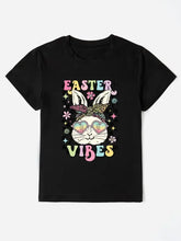 Black Easter Vibes Round Neck Short Sleeve T-Shirt with Colorful Bunny Graphic