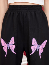 Black butterfly casual sweatpants featuring pink and purple wing designs for comfortable everyday wear