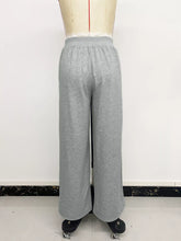 Gray heathered wide leg casual pants with lace trim waistband suitable for relaxed and stylish leg casual pants look