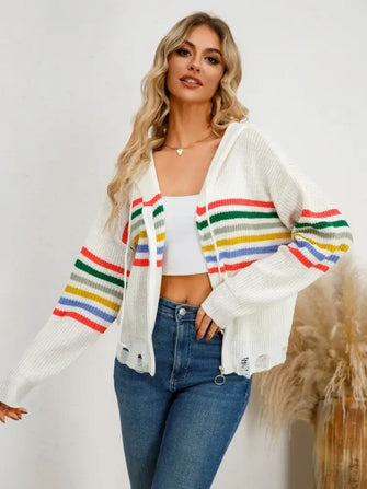 Drawstring Striped Dropped Shoulder Hooded Cardigan White Woman Outerwear
