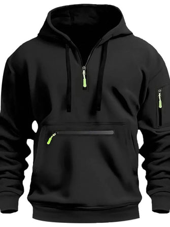 Men's Full Drawstring Half Zip Hoodie Plus Size Black