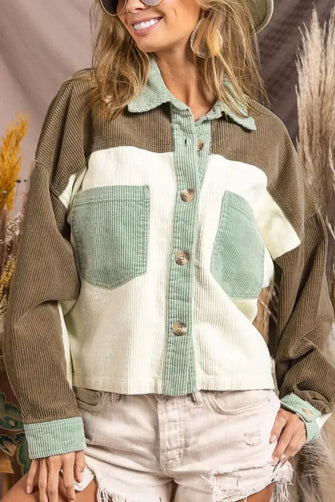 Pocketed Color Block Collared Neck Jacket Sage Woman Outerwear