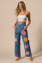 Bibi flower print straight legs pants in light blue wash with colorful floral design