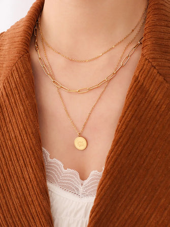 18K Gold-Plated Three-Layered Engraved Necklace Gold One Size