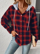 Plaid Drawstring Button Up Hooded Jacket Brick Red