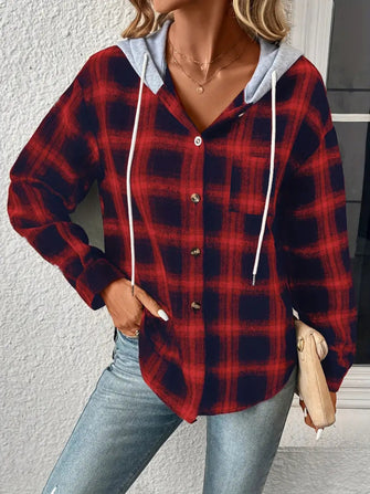 Plaid Drawstring Button Up Hooded Jacket Brick Red