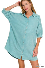 Zenana Washed Double Gauze Button Down Shirt Dress DUSTY TEAL Casual Dresses