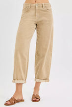 Beige risen high rise crop barrel corduroy pants featuring wide-leg jeans style with rolled cuffs and classic five-pocket design