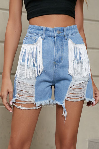 Fringe Trim Distressed Denim Shorts with Pockets Medium