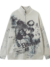 Men's Oversized Graffiti Zip Up Knit Cardigan Apricot