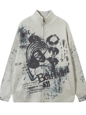 Men's Oversized Graffiti Zip Up Knit Cardigan Apricot