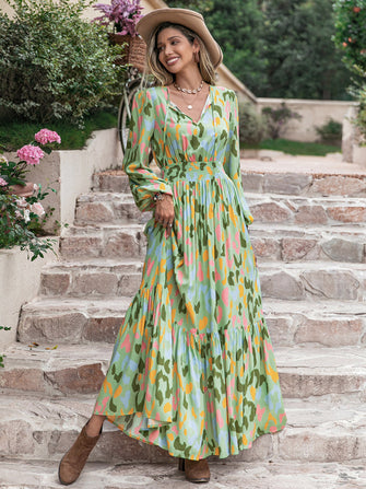 Printed Tie Neck Long Sleeve Maxi Dress Gum Leaf