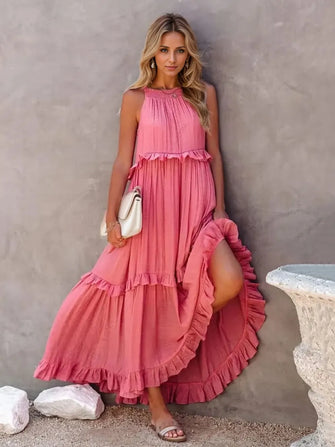 Ruffled Sleeveless Tiered Maxi Dress with Pockets Watermelon pink
